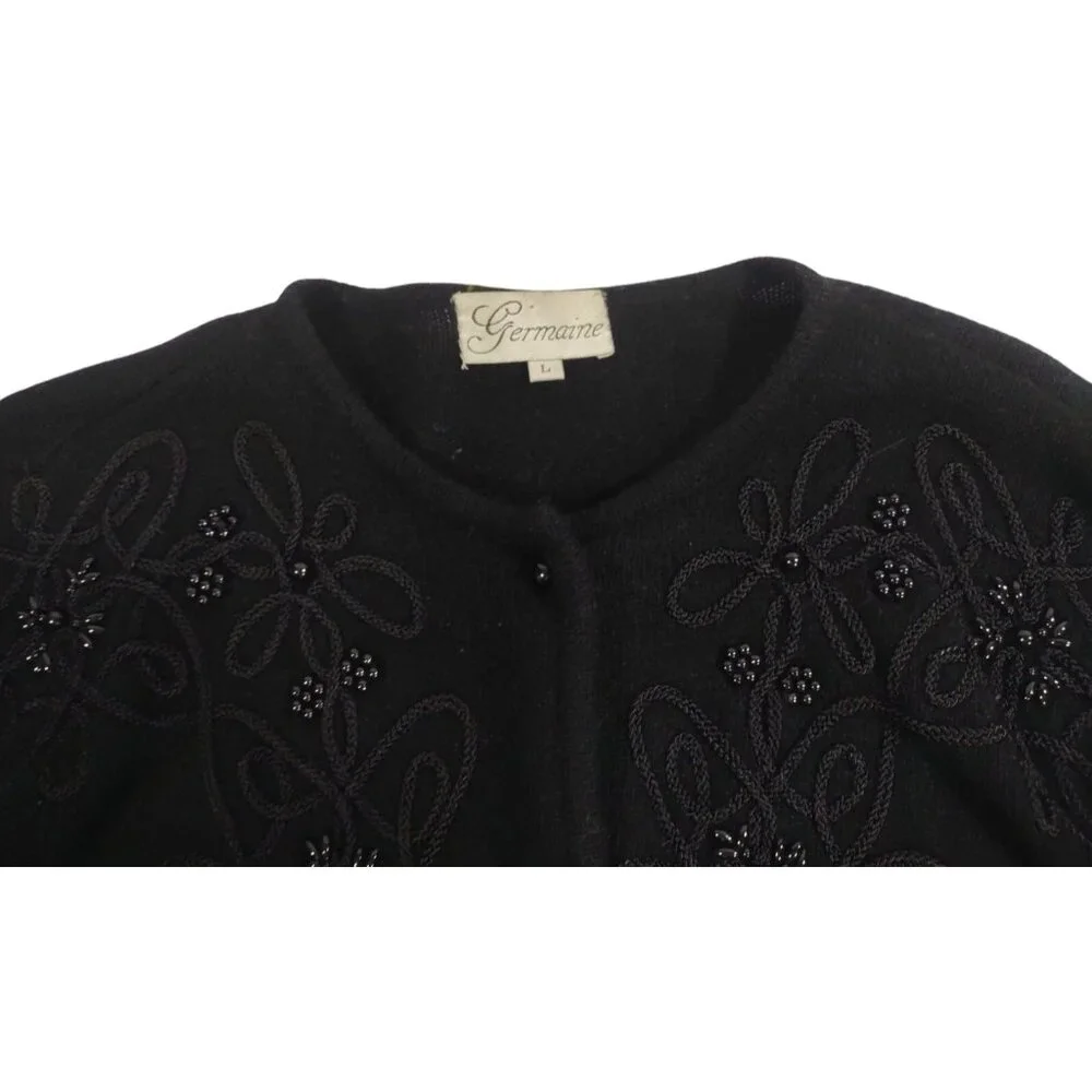VTG Germaine Women's Beaded Embellished Black Cardigan Jacket Lambswool Angora L - Picture 2 of 5
